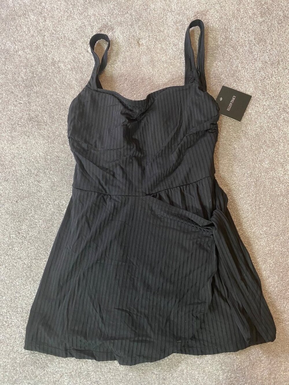 NWT Ellen Tracy Black Striped One-Piece Swimsuit Ruched Detail Size 10
